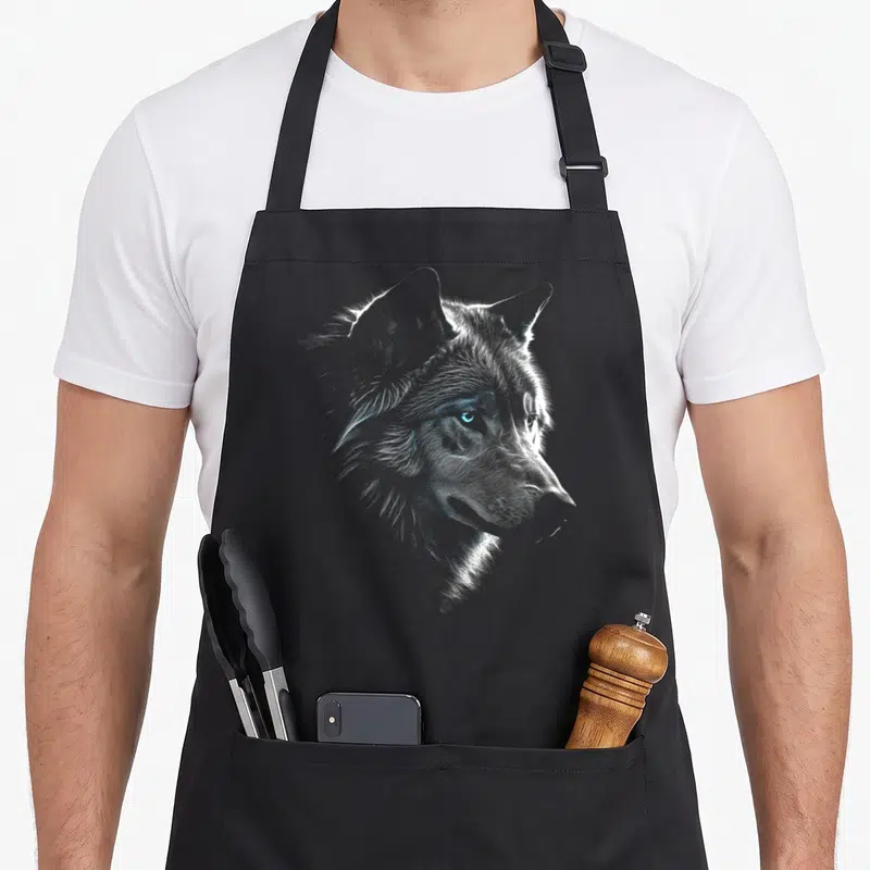 Tablier de cuisine noir avec portrait dessiné d'un loup aux yeux bleus vifs et au trait fin.