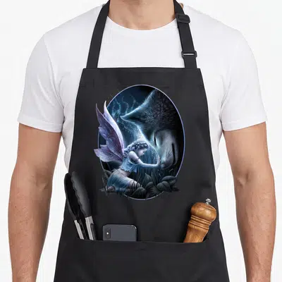 Tablier de cuisine noir avec une fée aux ailes violettes touchant le nez d'un loup gris dans un ovale bleu nuit.