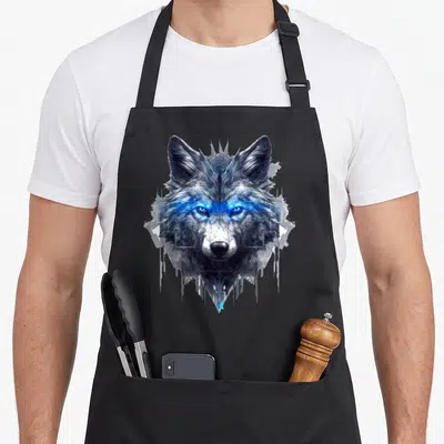 Tablier de cuisine noir avec tête de loup aux yeux bleus et motifs géométriques blancs et gris.