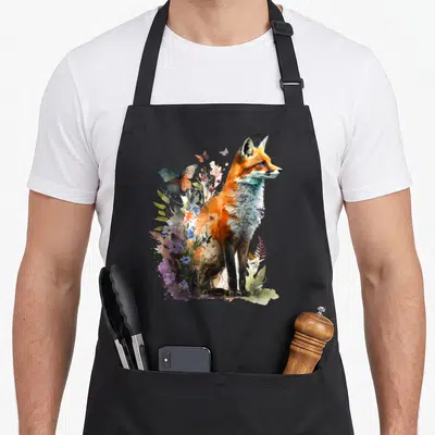 Tablier de cuisine noir avec illustration d'un renard orange et blanc entouré de papillons colorés et de fleurs sauvages.