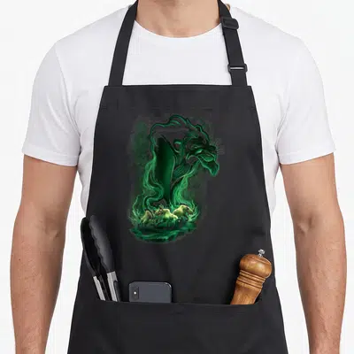 Tablier de cuisine noir avec illustration d'un lion vert fumant dominant trois hyènes sur un fond texturé gris.