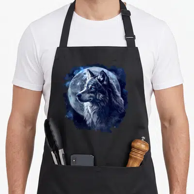 Tablier de cuisine noir avec illustration d'un loup aux yeux bleus face à une pleine lune bleue et blanche.