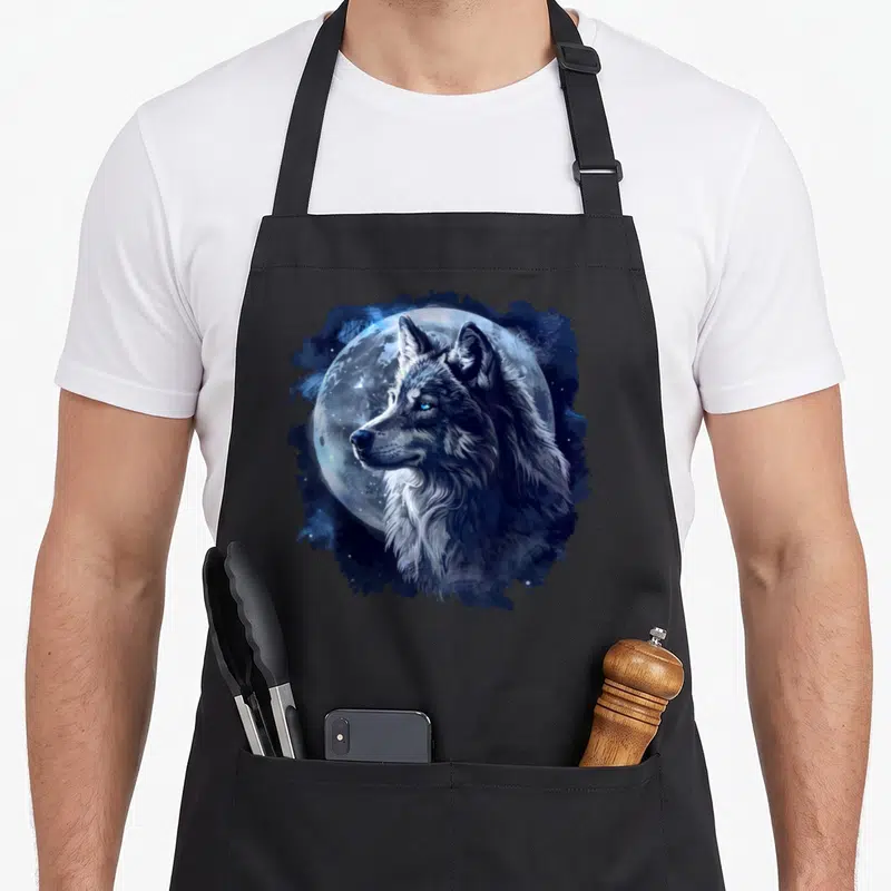 Tablier de cuisine noir avec illustration d'un loup aux yeux bleus face à une pleine lune bleue et blanche.
