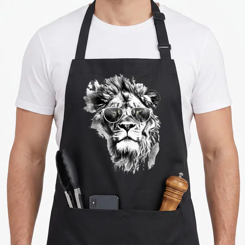 Tablier de cuisine noir avec un lion dessiné portant des lunettes de soleil en style art urbain.