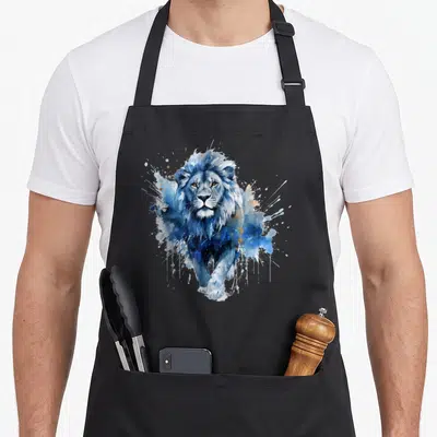 Tablier de cuisine noir avec illustration d'un lion animal du zoo en aquarelle bleue et blanche.