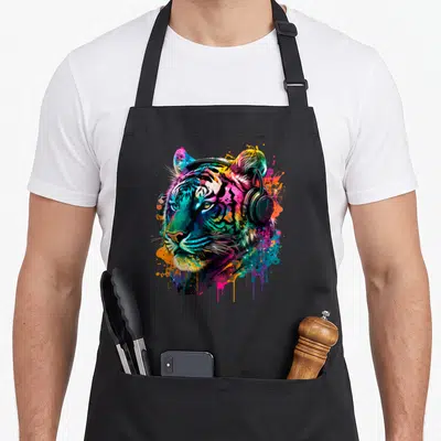 Tablier de cuisine noir avec tête de tigre colorée et casque audio peint à l'aquarelle.