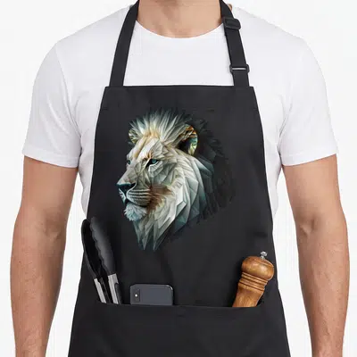 Tablier de cuisine noir avec tête de lion blanc en style polygone géométrique aux nuances bleutées.