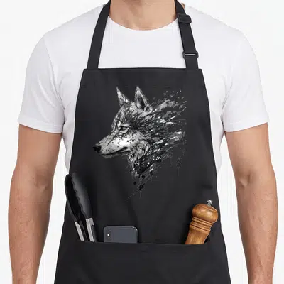 Tablier de cuisine noir avec tête de loup dessinée en encre noire et blanche style éclaboussure artistique.