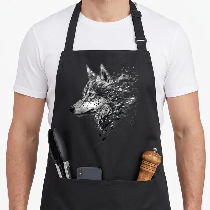 Tablier de cuisine noir avec tête de loup dessinée en encre noire et blanche style éclaboussure artistique.