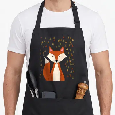 Tablier de cuisine noir avec un renard orange aux oreilles roses et des arbres triangulaires en arrière-plan.