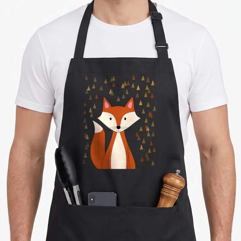 Tablier de cuisine noir avec un renard orange aux oreilles roses et des arbres triangulaires en arrière-plan.