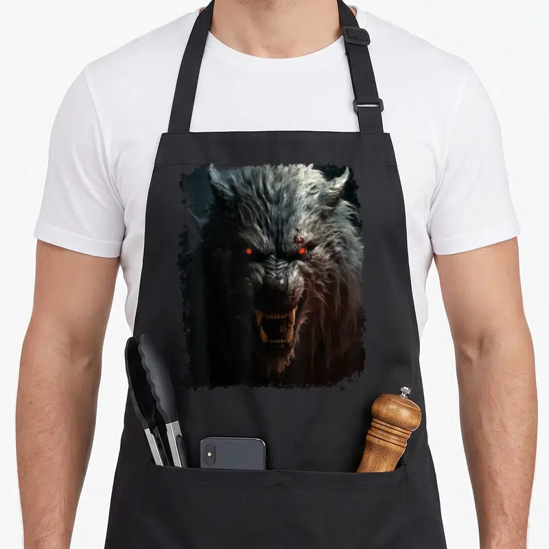 Tablier de cuisine noir avec illustration d'un visage de loup-garou aux yeux rouges et aux dents acérées.