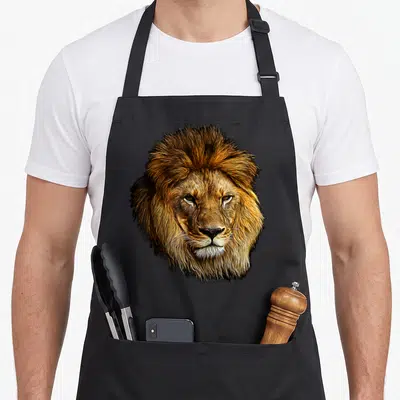 Tablier de cuisine noir avec un portrait détaillé d'un lion aux tons dorés et une expression intense.