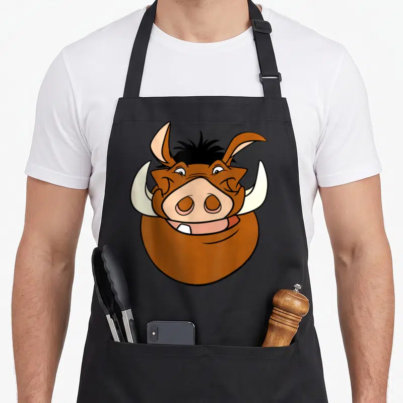 Tablier de cuisine noir avec le visage souriant de Pumbaa aux grandes cornes blanches et à la coiffure noire hérissée.