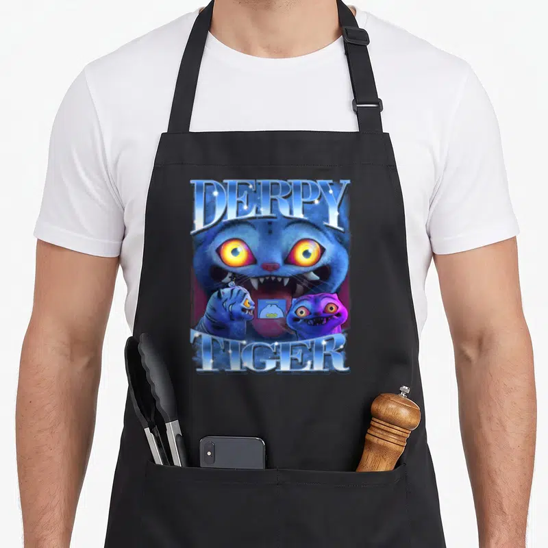Tablier de cuisine noir avec un tigre bleu aux yeux jaunes et le texte Derpy Tiger en lettres scintillantes.