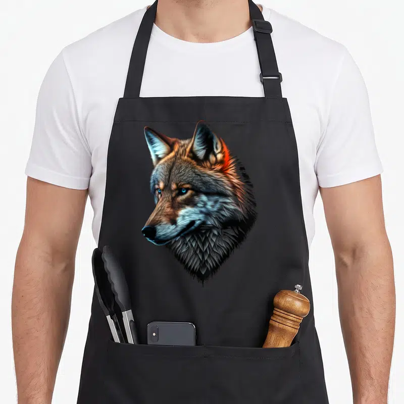 Tablier de cuisine noir avec portrait stylisé d'un loup aux yeux bleus et fourrure détaillée.