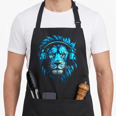 Tablier de cuisine noir avec tête de lion bleue coiffée d'un casque audio numérique.