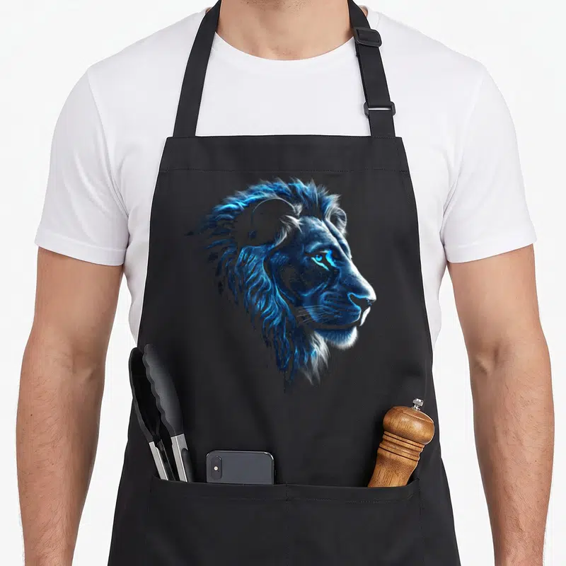 Tablier de cuisine noir avec illustration latérale d'un lion aux teintes bleues et yeux lumineux, style graphique détaillé.