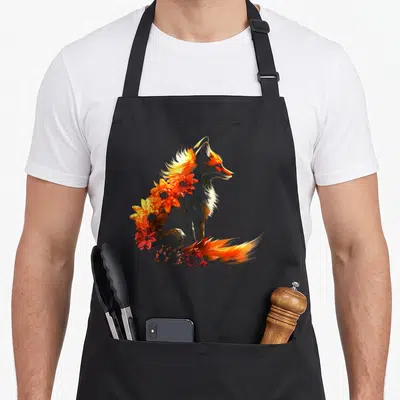 Tablier de cuisine noir avec illustration d'un renard dont la queue s'écoule en fleurs orangées et rouges.