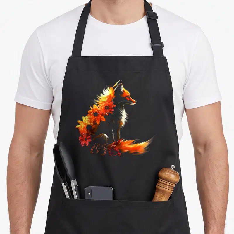 Tablier de cuisine noir avec illustration d'un renard dont la queue s'écoule en fleurs orangées et rouges.