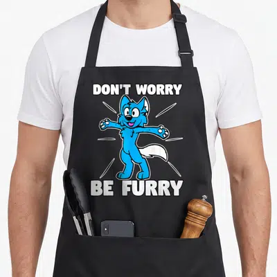 Tablier de cuisine noir avec un renard bleu souriant aux bras ouverts et l'inscription Don't Worry Be Furry en lettres blanches.