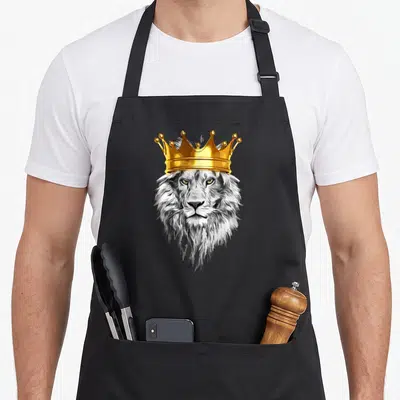 Tablier de cuisine noir avec tête de lion blanc aux yeux jaunes portant une couronne dorée à cinq pointes.