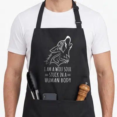 Tablier de cuisine noir avec illustration d'un loup hurlant et texte blanc I AM A WOLF SOUL STUCK IN A HUMAN BODY.