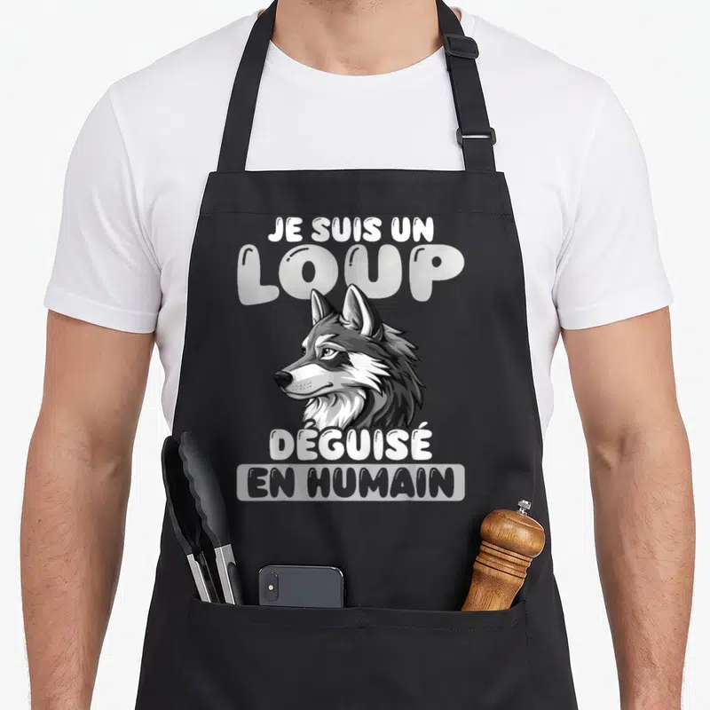 Tablier de cuisine noir avec illustration de tête de loup et texte blanc Je suis un loup déguisé en humain