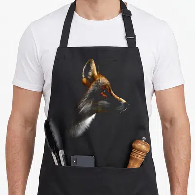 Tablier de cuisine noir avec illustration réaliste de profil de renard aux yeux orangés et fourrure détaillée.