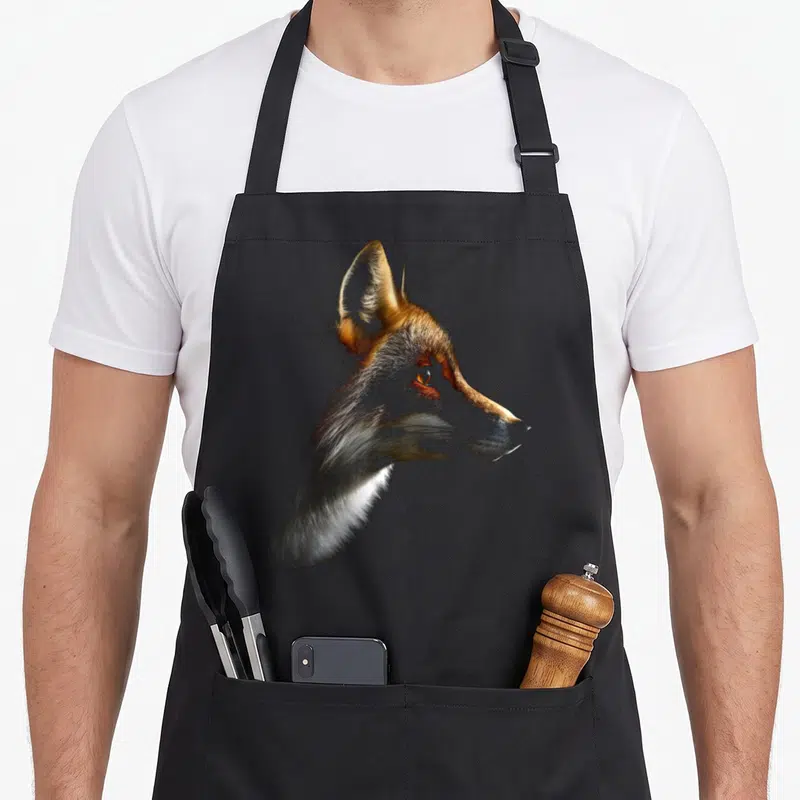 Tablier de cuisine noir avec illustration réaliste de profil de renard aux yeux orangés et fourrure détaillée.