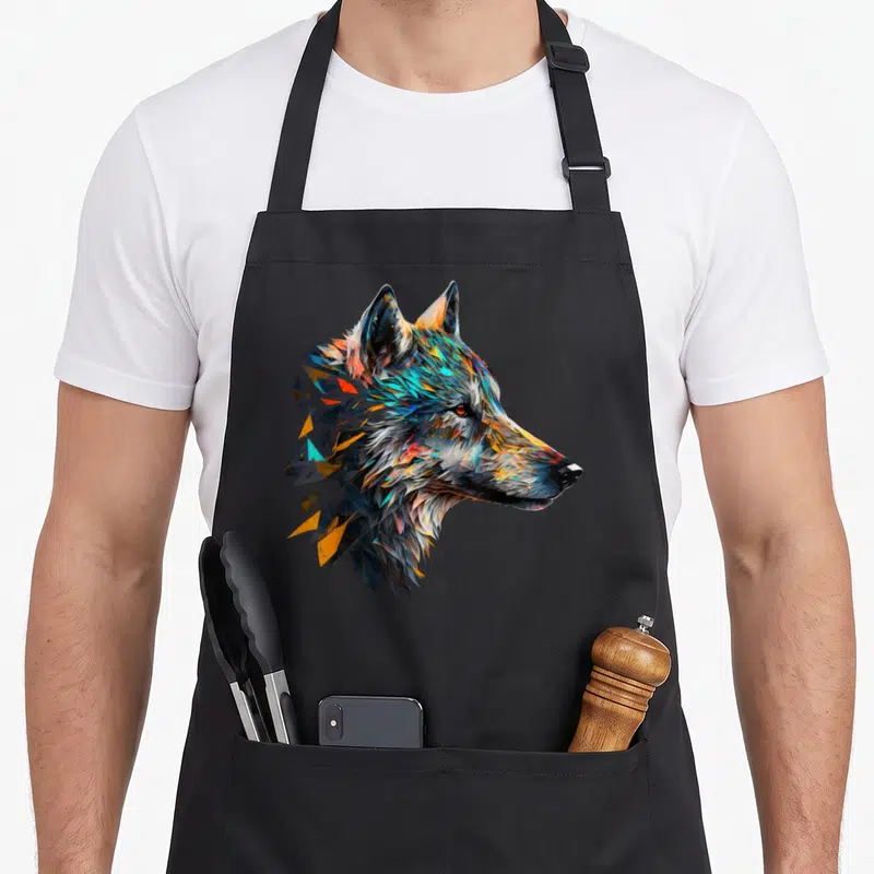 Tablier de cuisine noir avec illustration d'un loup aux couleurs vives et style géométrique polygonal.