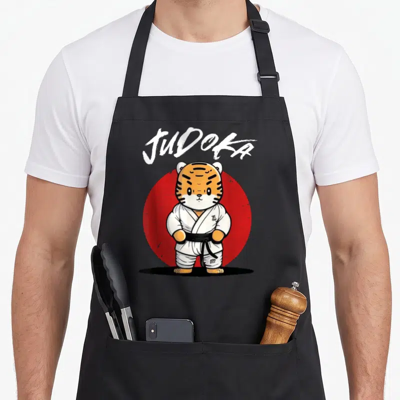Tablier de cuisine noir avec un tigre judoka en kimono blanc et ceinture noire sur fond de disque rouge.