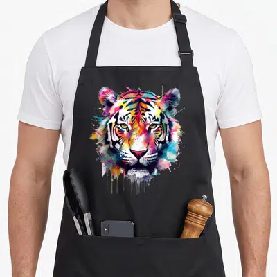 Tablier de cuisine noir avec tête de tigre multicolore en style peinture abstraite et éclaboussures artistiques.