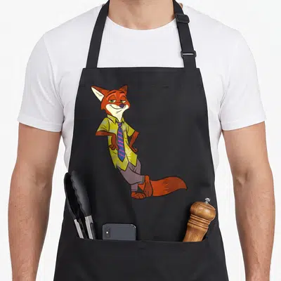 Tablier de cuisine noir avec illustration de Nick Wilde renard en chemise jaune et cravate bleue posé de manière décontractée.