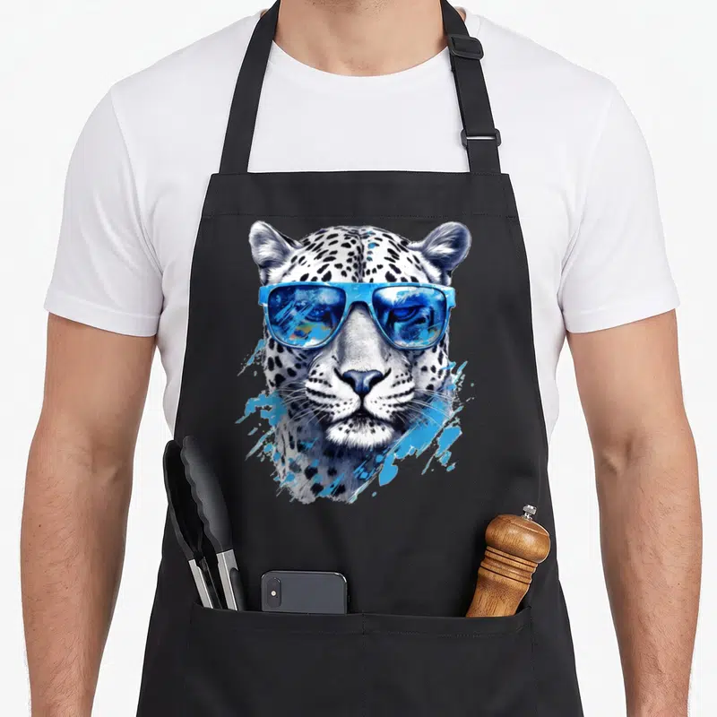 Tablier de cuisine noir avec tête de léopard blanc portant des lunettes de soleil bleues reflétant un paysage.