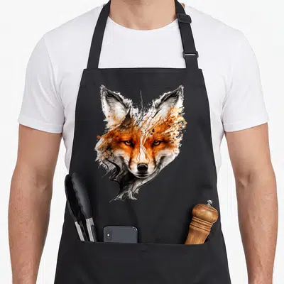 Tablier de cuisine noir avec tête de renard stylisée en aquarelle et traits noirs expressifs.