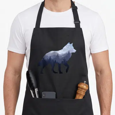 Tablier de cuisine noir avec silhouette de loup intégrant une forêt et des montagnes bleutées en double exposition.