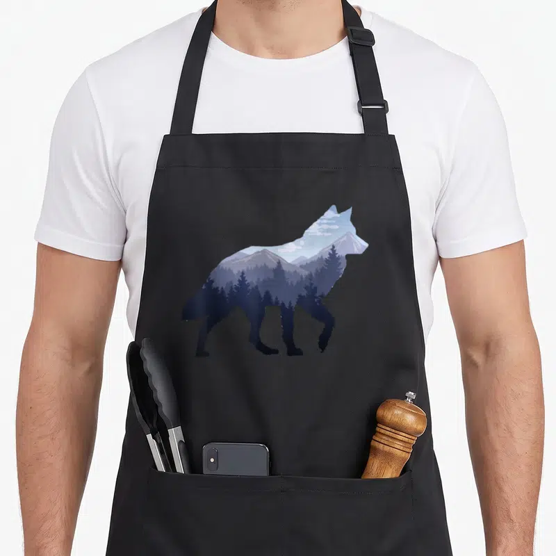 Tablier de cuisine noir avec silhouette de loup intégrant une forêt et des montagnes bleutées en double exposition.