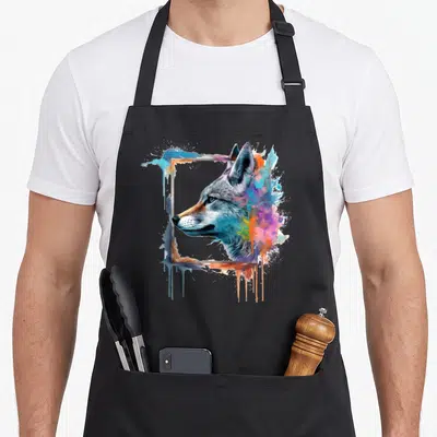 Tablier de cuisine noir avec tête de renard stylisée et éclaboussures de peinture colorée dans un cadre géométrique.