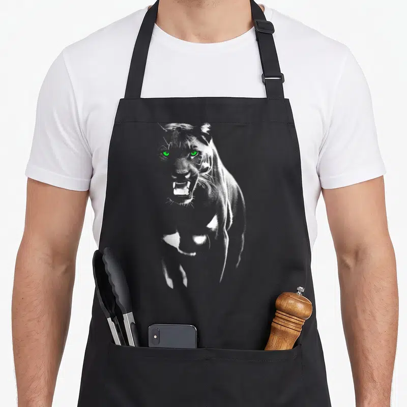 Tablier de cuisine noir avec illustration d'une panthère aux yeux verts et dents apparentes.