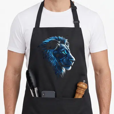 Tablier de cuisine noir avec tête de lion aux teintes bleues et yeux lumineux en profil.