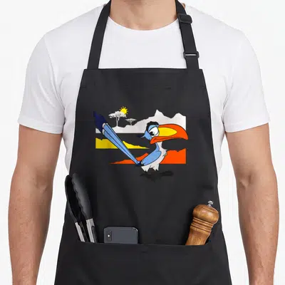Tablier de cuisine noir avec Zazu le toucan et un paysage de savane aux couleurs vives.