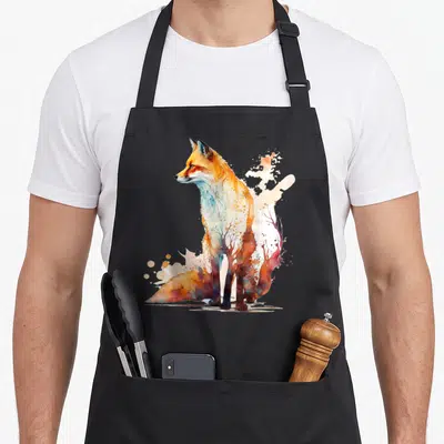 Tablier de cuisine noir avec illustration colorée d'un renard assis au style aquarelle et végétal.