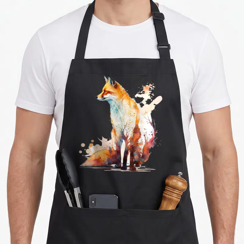 Tablier de cuisine noir avec illustration colorée d'un renard assis au style aquarelle et végétal.