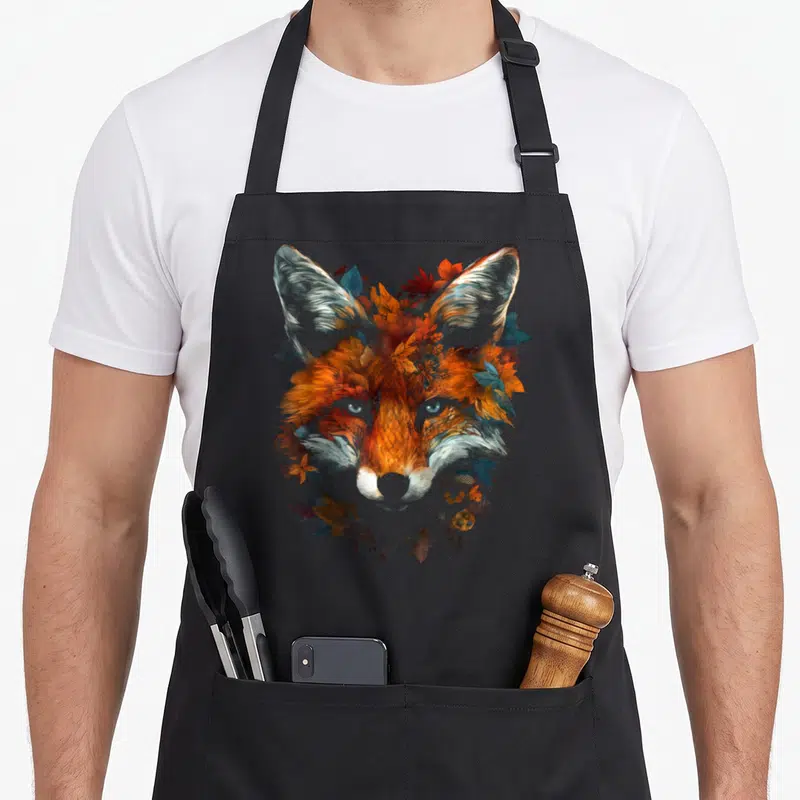 Tablier de cuisine noir avec un renard aux feuilles d'automne et des détails artistiques bleus et oranges.