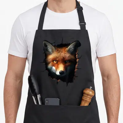 Tablier de cuisine noir avec un renard mural aux yeux dorés semblant sortir du tissu par un effet de rupture.