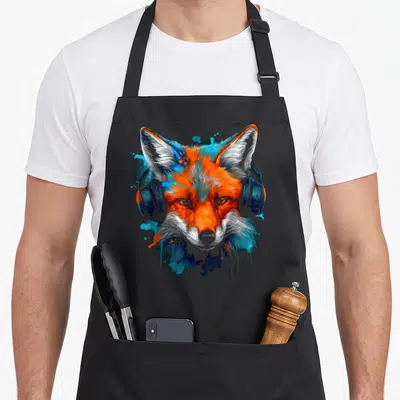 Tablier de cuisine noir avec tête de renard aux écouteurs et éclaboussures artistiques bleues et oranges.