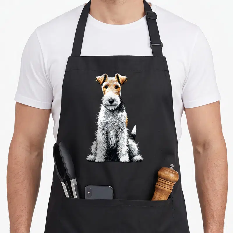 Tablier de cuisine noir avec illustration d'un Wire Fox Terrier assis au poil texturé en noir blanc et fauve.