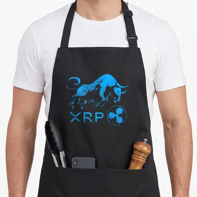 Tablier de cuisine noir avec illustration bleue d'un taureau et le texte XRP HODL
