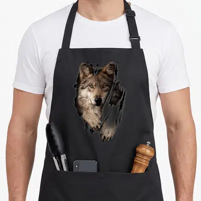Tablier de cuisine noir avec un loup 3D réaliste semblant traverser le tissu, pattes tendues et regard intense.